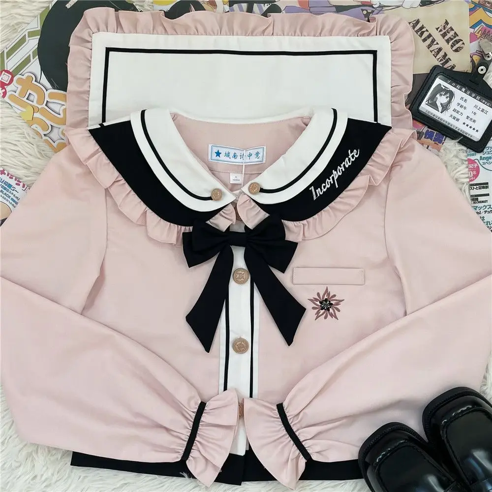 Uniforme Jk con maniche a sbuffo ricamate con fiocco rosa originale con pantaloni di sicurezza Gonna a pieghe uniforme scolastica per ragazza rosa carina femminile 2XL