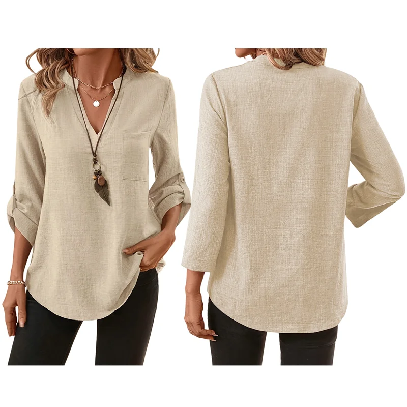 CGS-Women Boyfriend Shirts Button Down Long Sleeve Blouse Cuffed Sleeve Collared Shirt