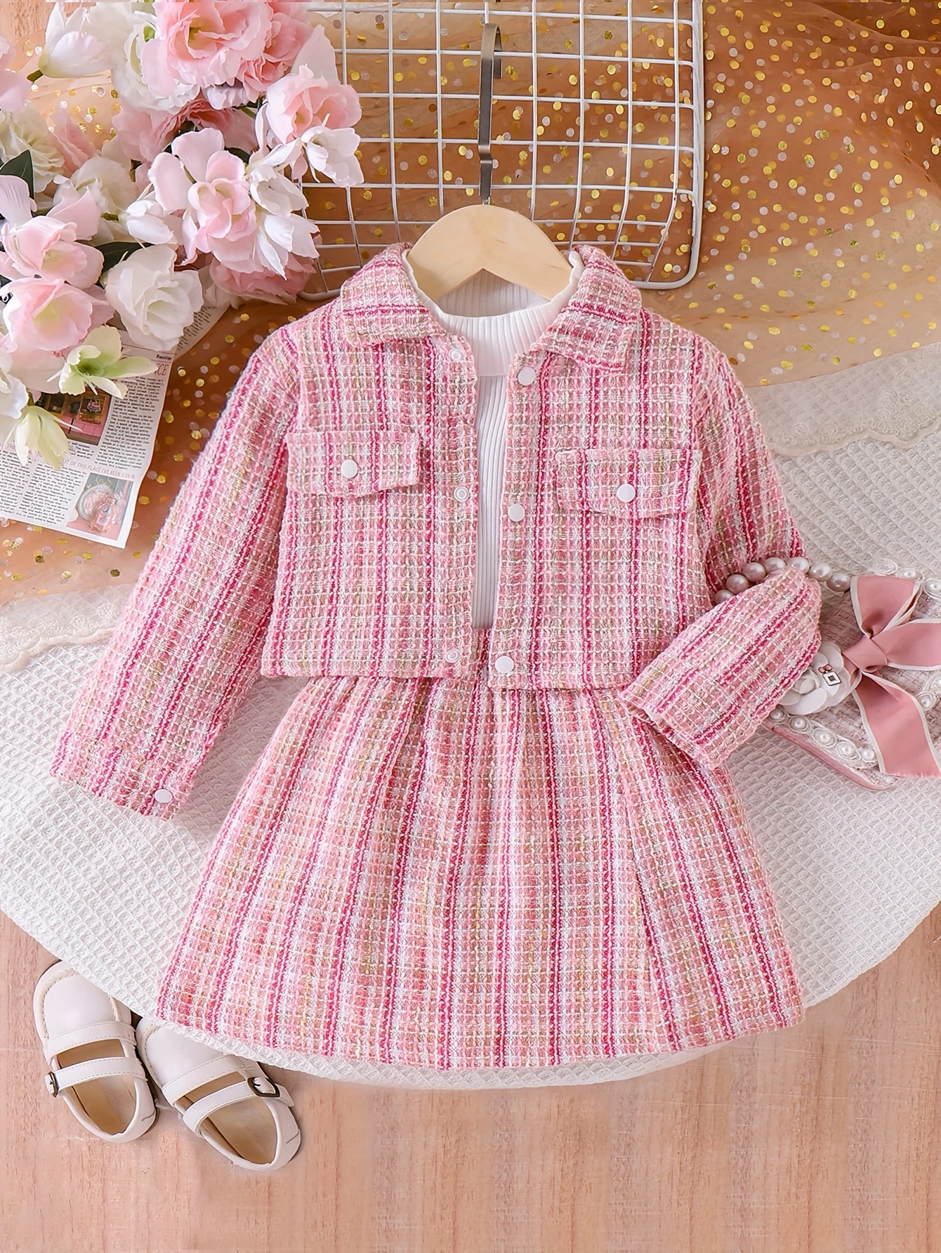 Mädchen Frühling & Herbst Süßer Stil Rosa Langarm-Strickjacke + Rock + Weißes Langarm-Oberteil 3-teiliges Outfit