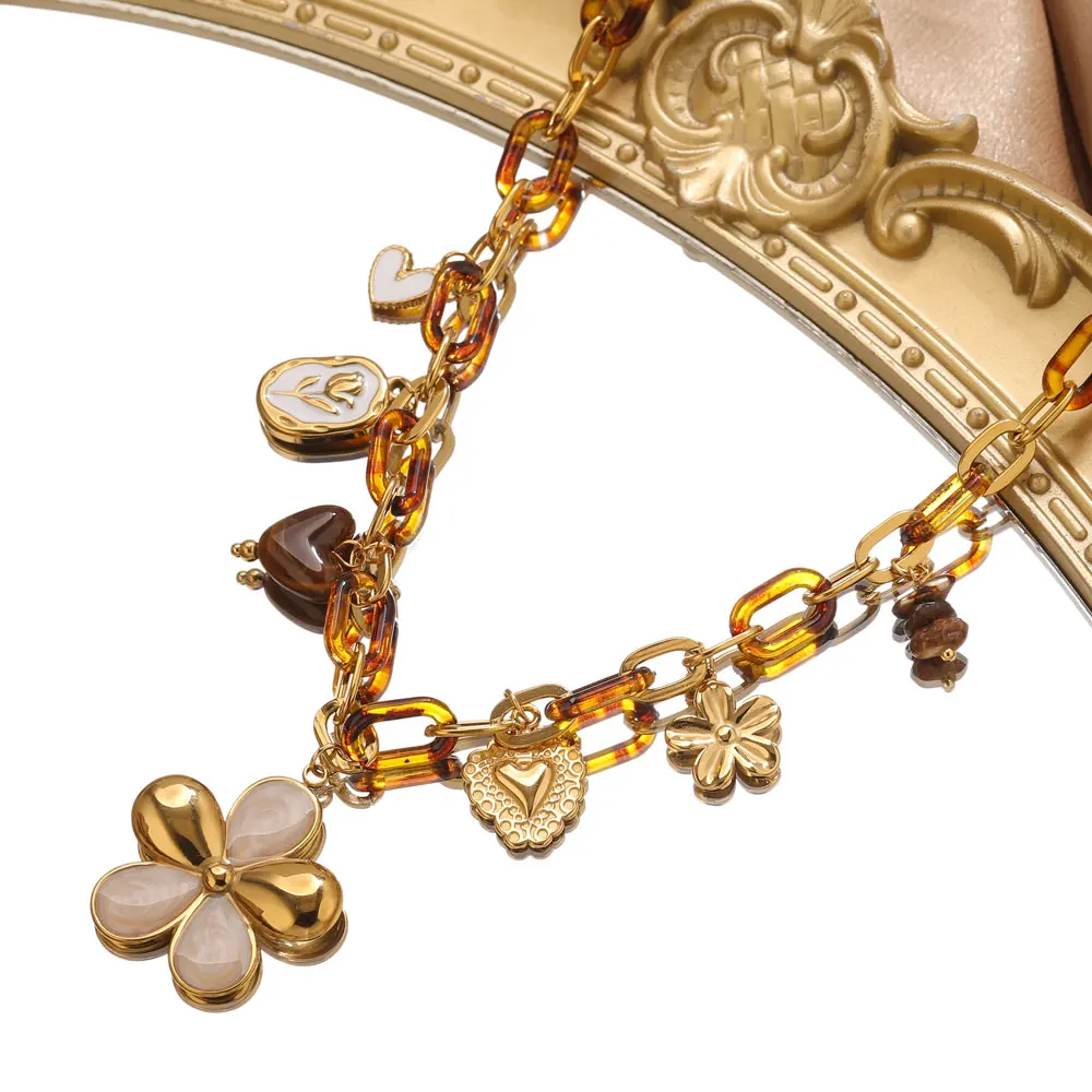 Jolivie Stainless Steel Vintage Flower Pendants Neckalce For Women Amber Resin Large Flower Charm Necklace Trendy Party Jewelry