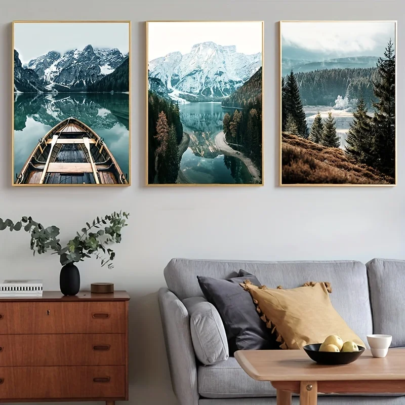 

3pcs/set Nordic Nature Landscape Painting Forest Lake Mountain Art Poster Canvas Print Wall Picture Decoration Unframed