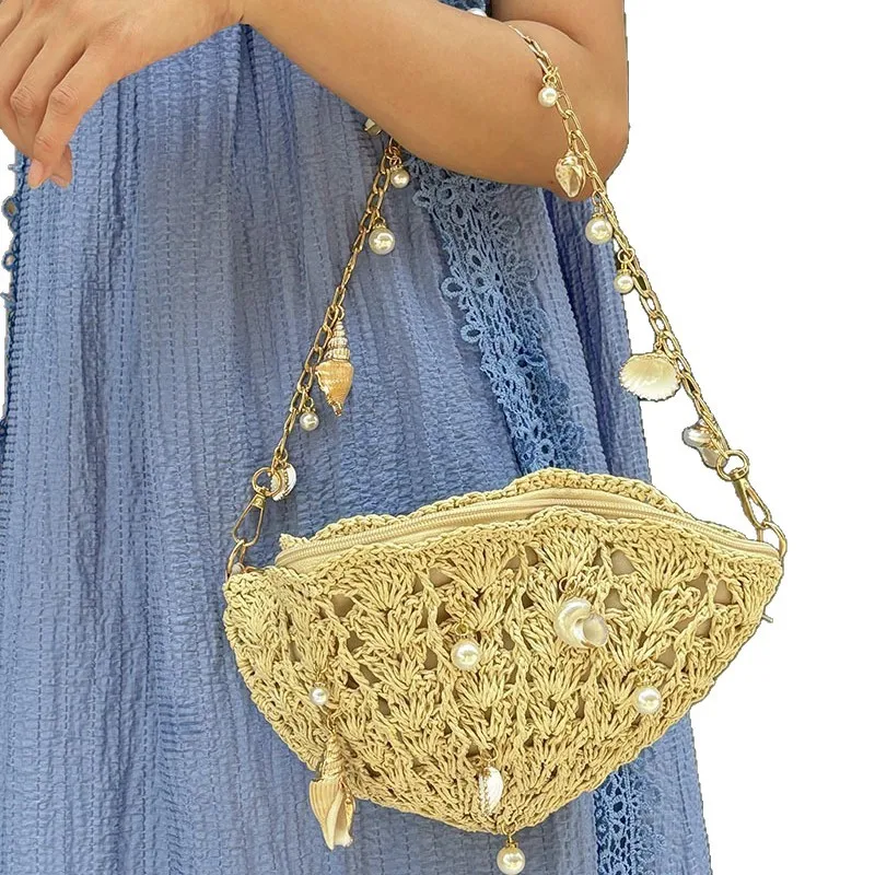 

Bohemian Shell Woven Bags for Women Shoulder Bag Hollow Straw Beach Bag Funny Purses and Handbags Vacation Chains Sling Bags NEW
