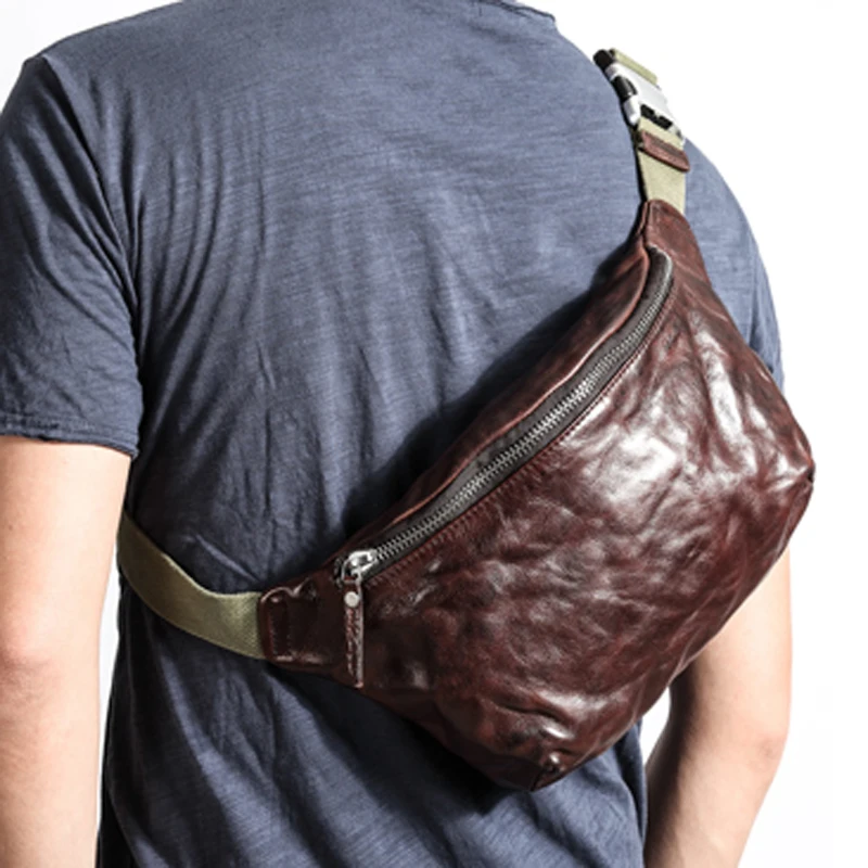 

AETOO Leather cowhide chest bag men's retro motorcycle messenger shoulder bag waist bag texture armpit bag