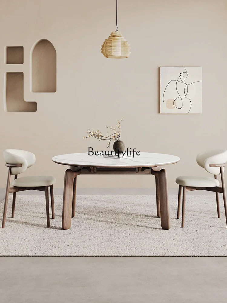 

Beilan rock slab dining table variable round table household multi-functional solid wood foldable