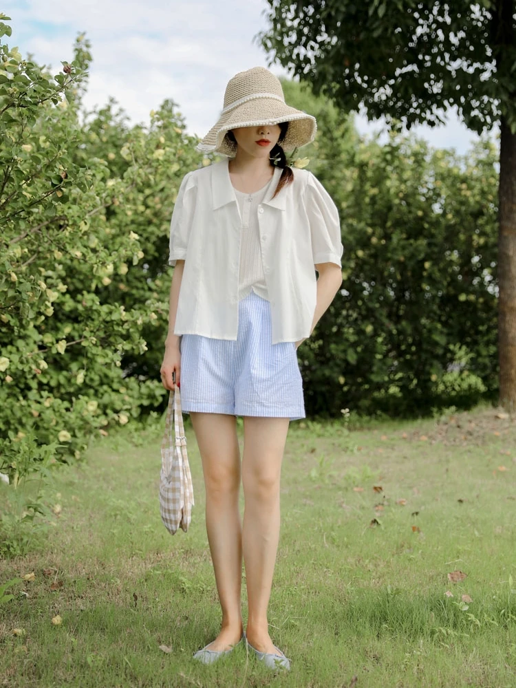 

Comfortable Bubble Cotton Plaid orts Casual Straight Leg Thin Summer Pants Women's Commute Sle l Waist Cotton 00%