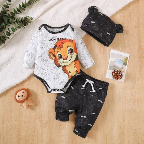 3Pcs Baby Boy Set Round Neck Lion Full Print Bodysuit+Pants Set Suitable for 0-18 Months Newborns Baby Boys Spring  Autumn Set