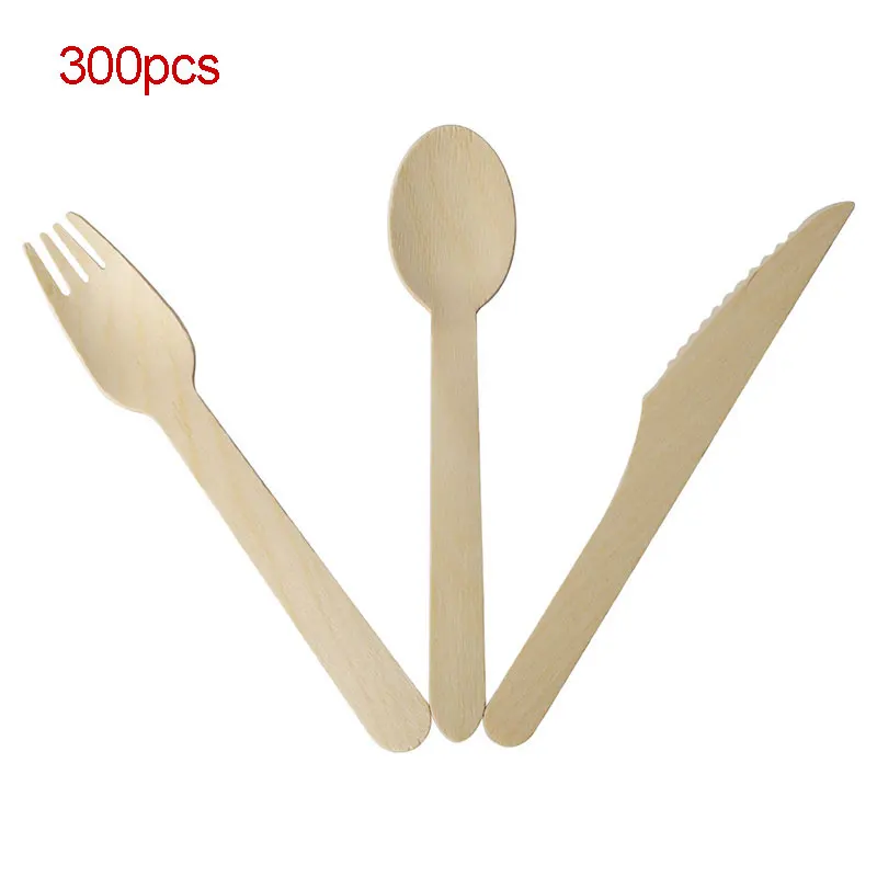 

300pcs Eco-Friendly Disposable Wooden Cutlery Home Dessert Spoons Knives Forks Dining Tableware Birthday Party Wedding Supplies