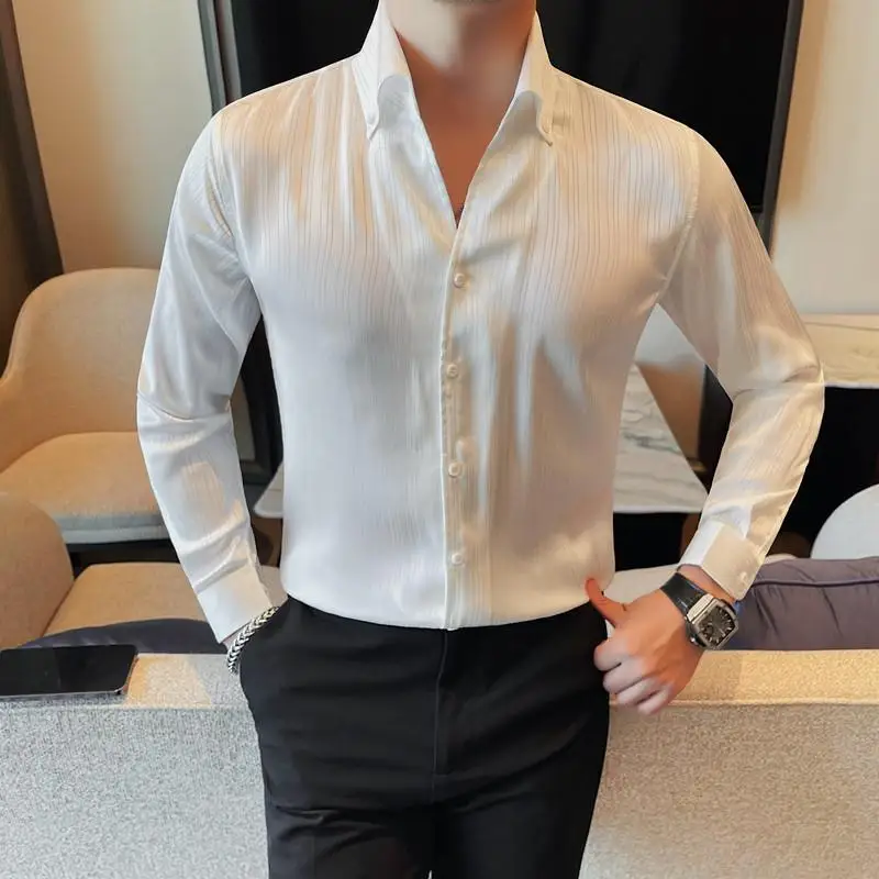 

Men Shirts British Style Simple Long Sleeve Striped Shirt Men's Clothing Plain Color Business Casual Formal Wear Slim Fit Tuxedo