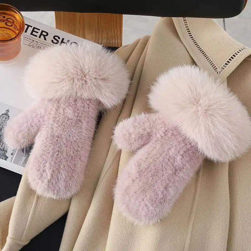 Real Mink Fur Gloves Women Natural Fur Mittens Fashion Fur Hand Knitted Full Finger Gloves Female Winter Thick Fur Gloves Ladies