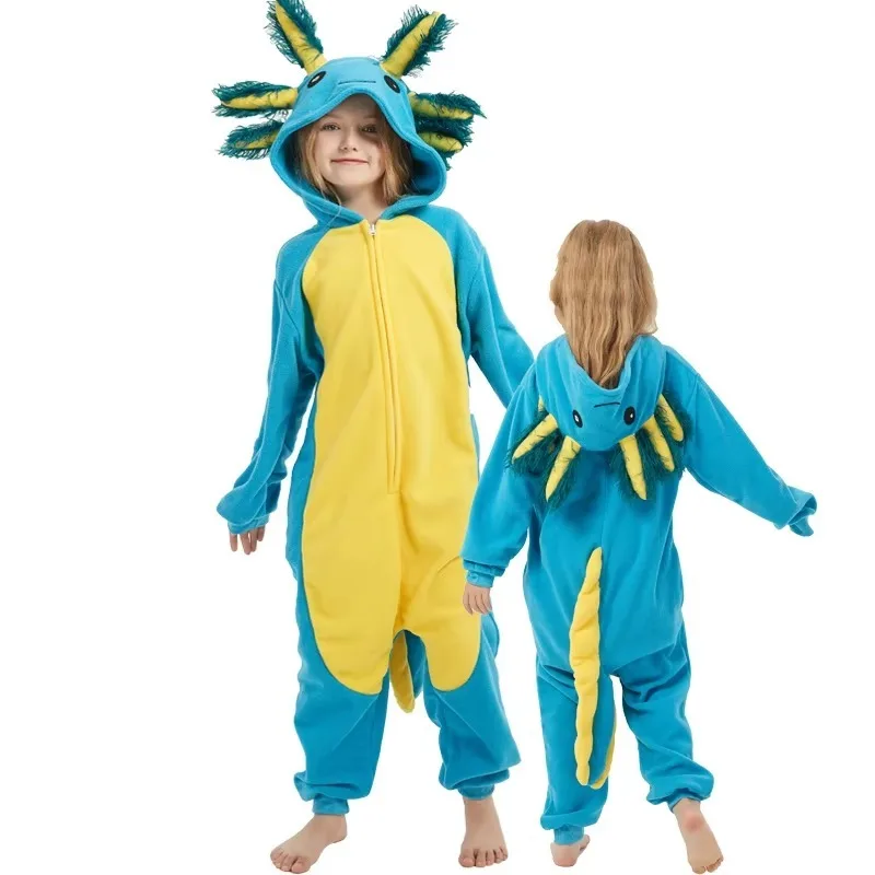FallenVex Store Axolotl Cartoon Kigurumi One Piece Pajamas Boys Girls  Animal Cosplay Costume Halloween Home Wear Multiple Sizes