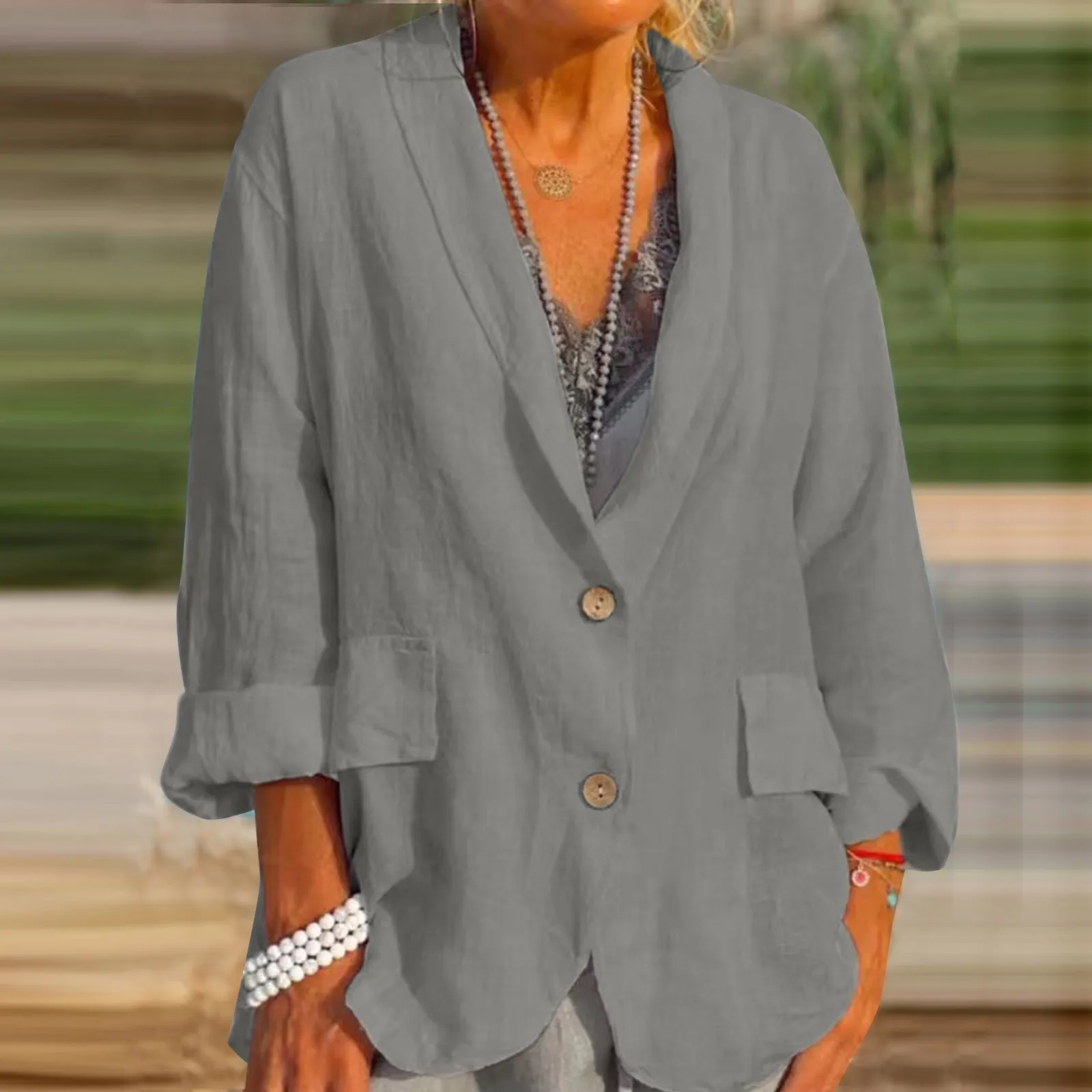 Blazer en Lin pour Femme, à Manches sulf, Vêtement de Travail, Couleur Unie, Ouvert Devant, Élégant, avec Poches, Manteau Trempé