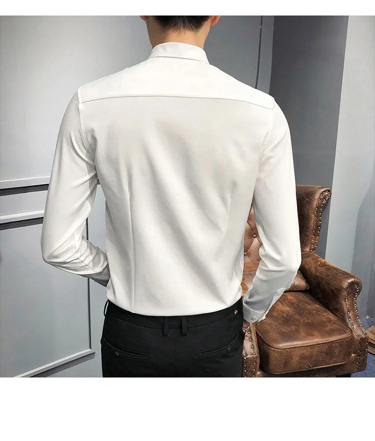 

Slim Fit Bla White Мужской Irt Cuban Collar Long Sve Busin Gentleman Sle Полиэфирное волокно 00% Подходит для поездок на работу