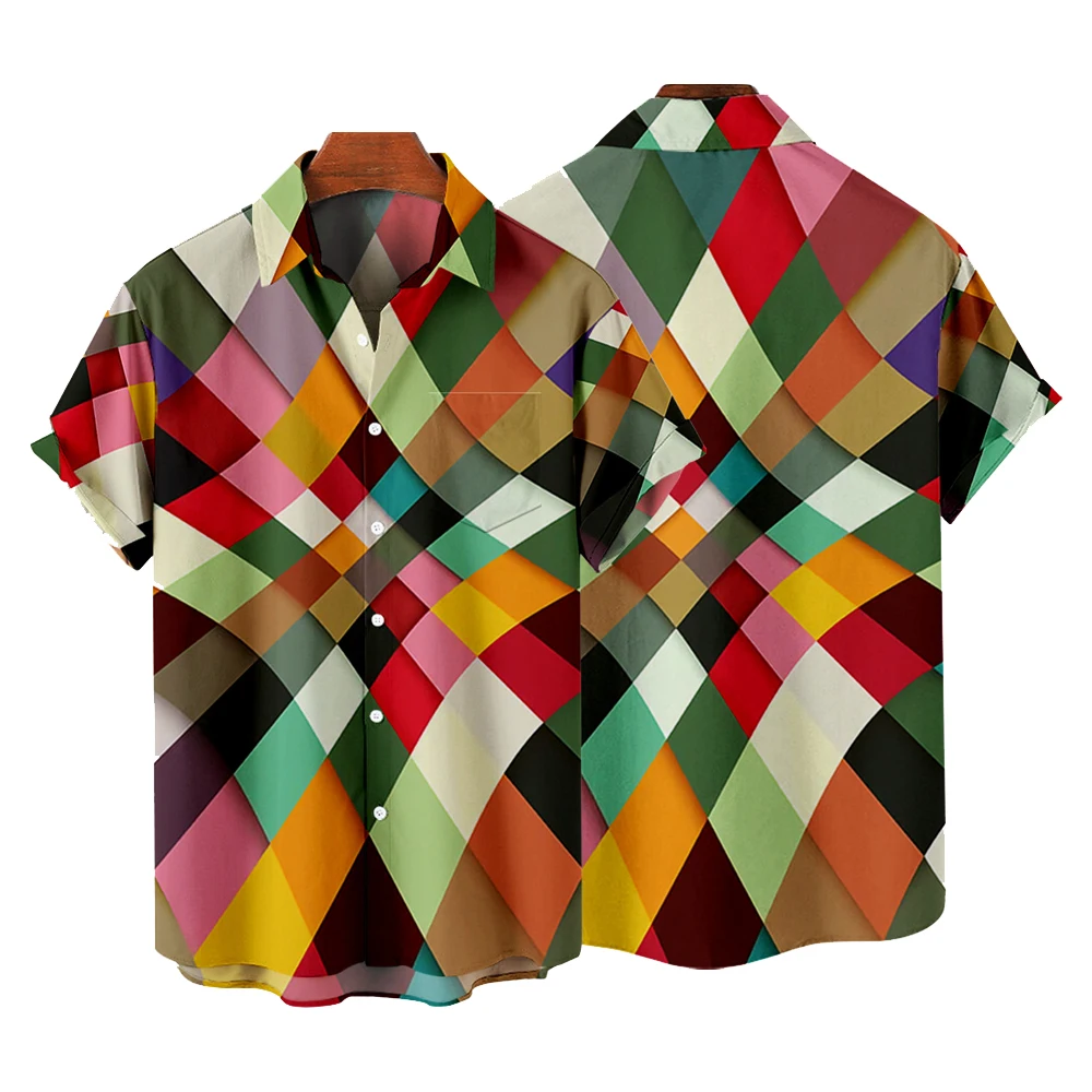 Chemise boutonnée à manches courtes pour hommes et femmes, chemisier graphique multicolore, vêtements 3D, imprimé numérique, rayé simple