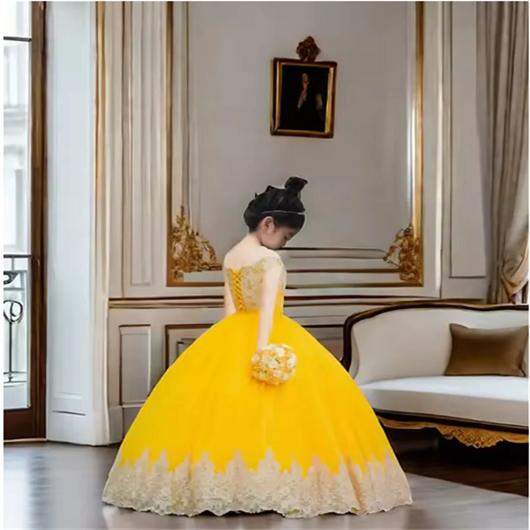 فستان طويل مكشوف الكتفين من التول مزين بالذهب الوردي الساخن للأميرة منتفخ لحفلات أعياد الميلاد وحفلات الزفاف والحفلات الراقصة