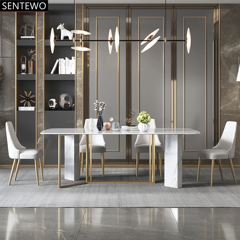 SENTEWO Ltalian Luxury Marble Kitchen Dining Table And 8 Chairs Set Stainless Steel Gold Base Kitchen Furniture Stolik Esstische