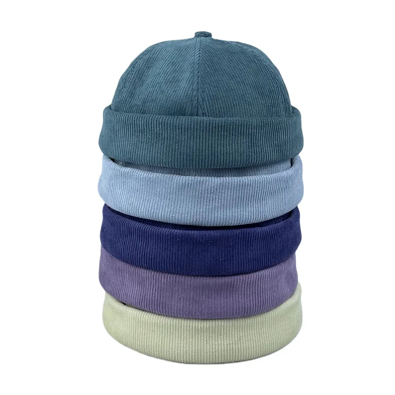 Sombrero sin ala unisex minimalista de pana de color sólido Gorro a prueba de viento Sombreros de piel de melón, sombreros de propietario, sombreros de hip hop, sombreros redondos