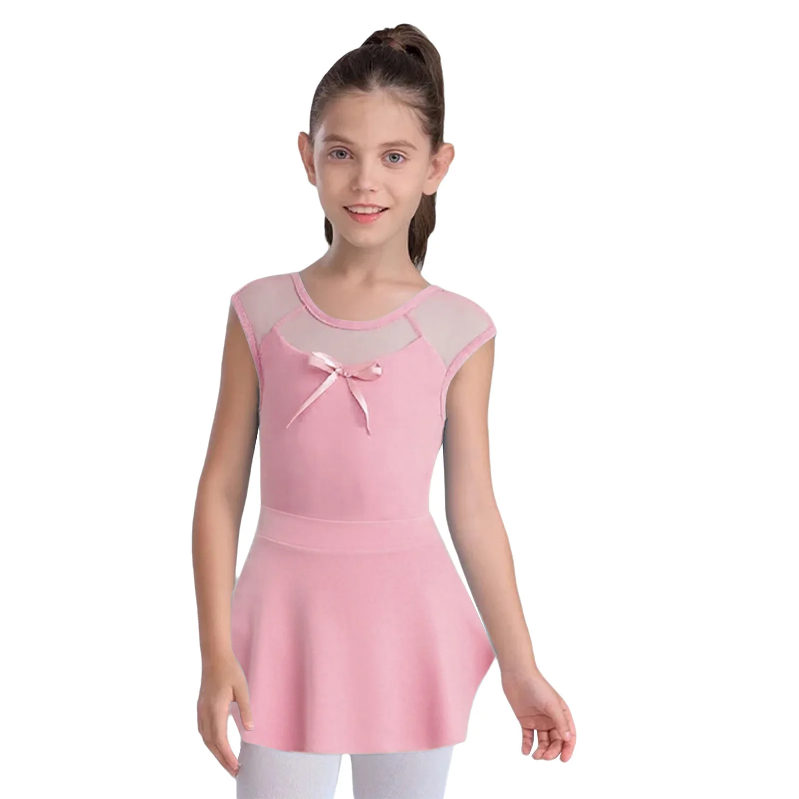 여아용 발레 레오타드 스커트 세트 무용용 민소매 체조복 시어 메쉬 패치워크 전문 발레 의상