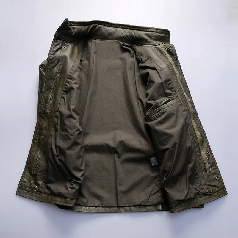Outdoor casual leather for men stand-up collar multi-pocket cowhide