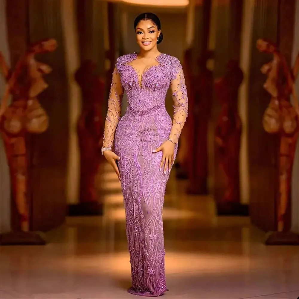 African Plus Size Mermaid Evening Dresses Purple Beaded Lace Elegant Prom Gown Aso Ebi Style Long Engagement Party Dress Custom