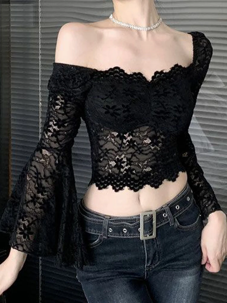 White Lace Blouse Women Elegant Flare Sleeve Crop Top Female Fashion Hollow Out Shirts Ladies Sexy Off Shoulder Blusas De Mujer