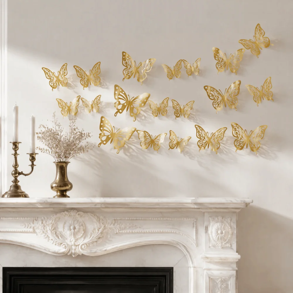 72Pcs Hollow Design Butterfly Wall Stickers 3 sizes Vivid Color 3D Butterfly Wall Decor Easy Cleaning 3D Butterfly Sticker