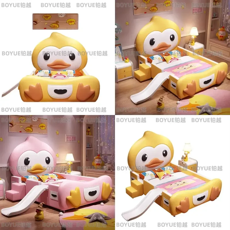 Cute Yellow Duckling Princess Bed for Girls Pink Baby Splicing Sheets Childrens Dream Bed with Guardrail