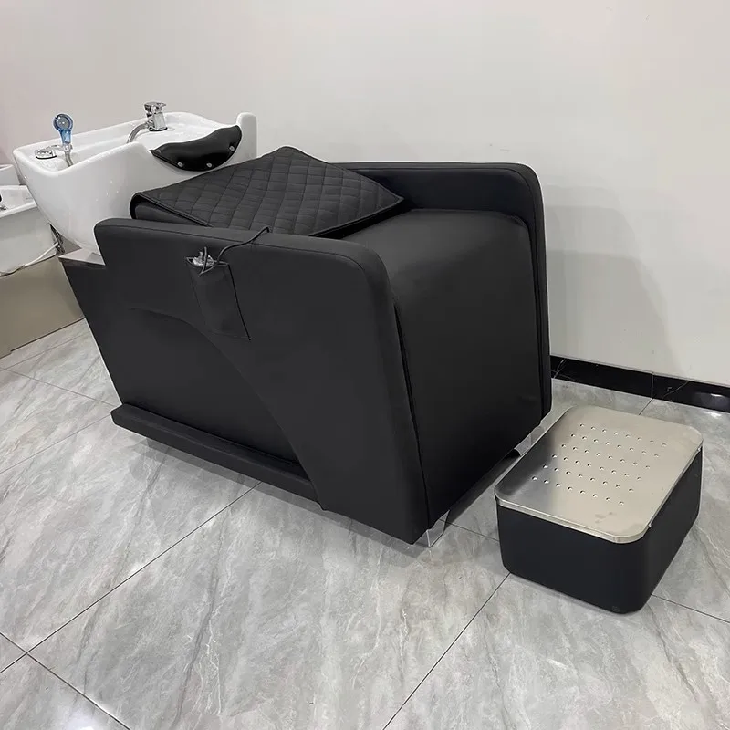 High-End Semi-Reclining Shampoo Bed For Barber Shop Salon Modern Stainless Steel Ceramic Deep Basin Metal Massage Rinse Bed