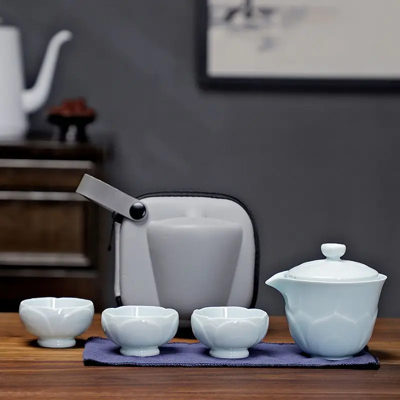 Travel Lotus-shaped Tea Set, Portable Bag, 1 Teapot, 3 Teacups, Quick-service Cup, Car-mounted Outdoor Portable  Gongfu Teaware