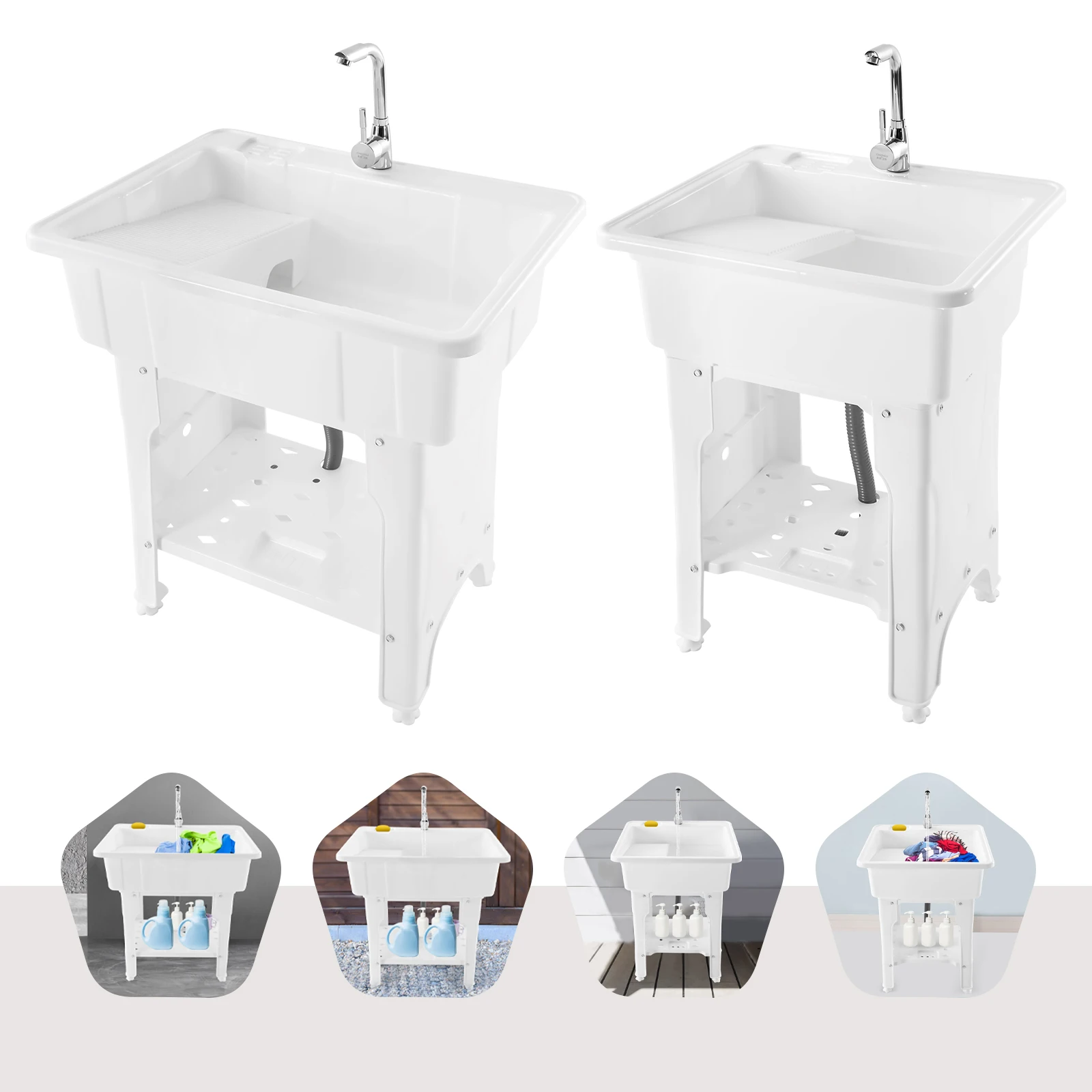 White Utility Sink Laundry Tub Washing Room Basement Garage Wash Station Durable Laundry Sink, Multi-Function