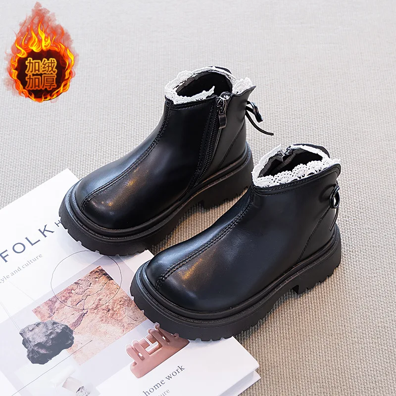 

Осенне-зимние детские ботинки, модные простые стильные ботильоны для девочек, повседневные универсальные черные детские короткие кожаные ботинки с боковой молнией