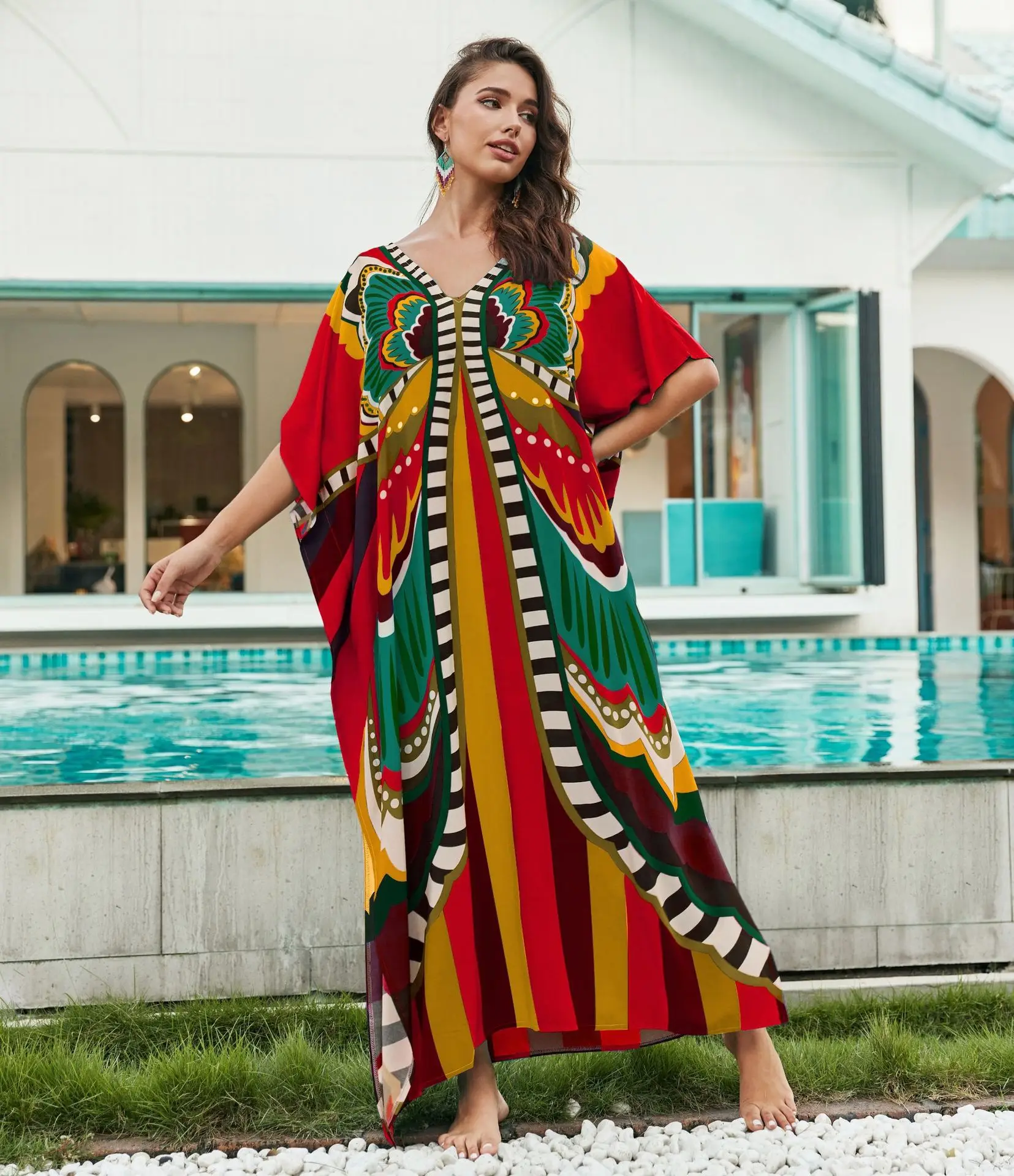 قفطان طويل نصف كم بطباعة بوهيمية للنساء ، فستان شاطئ ماكسي غير رسمي ، غطاء بيكيني صيفي ، غطاء بدلة سباحة