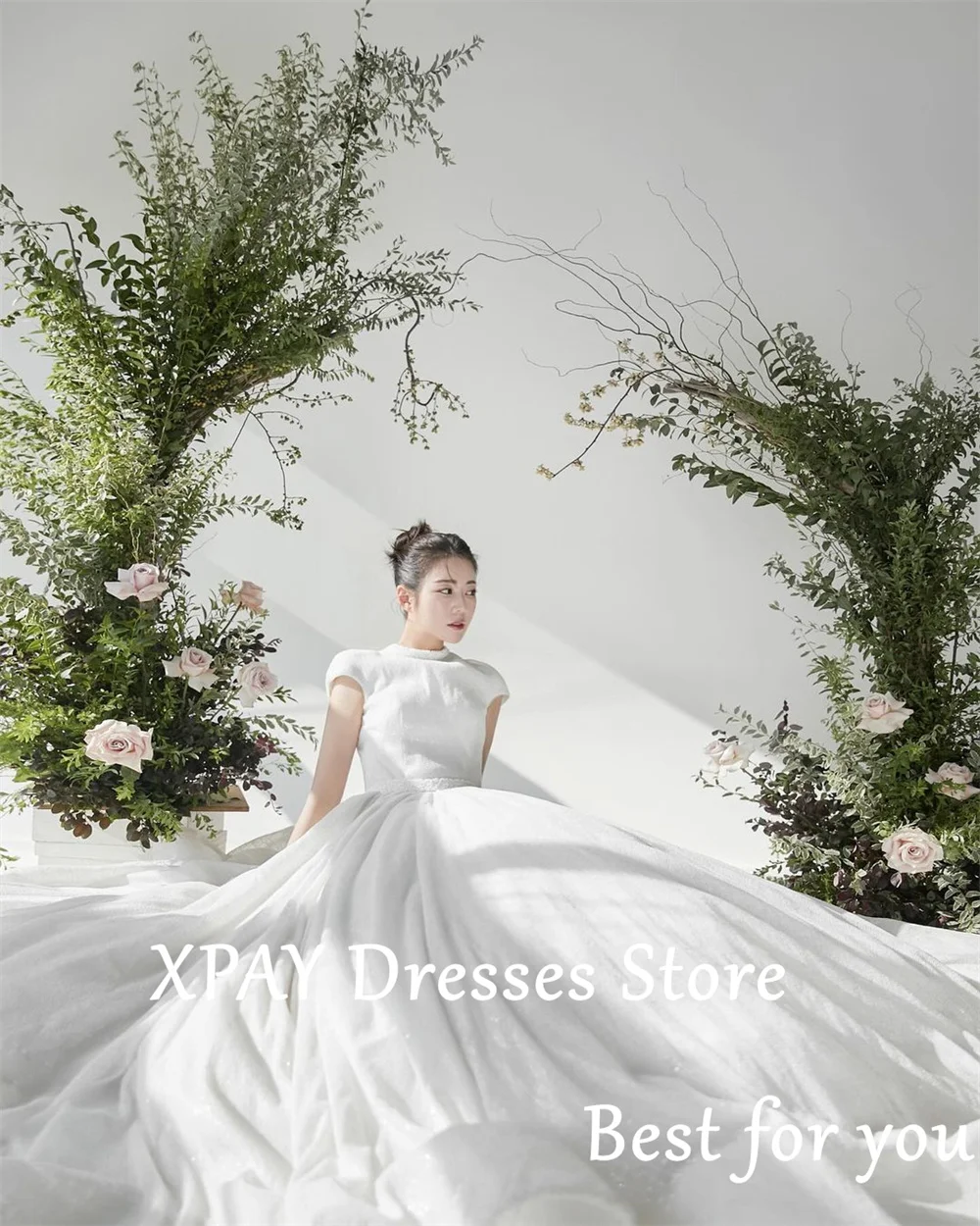 XPAY Gorgeous Wedding Dresses O-Neck Short Sleeves Korea Photo Shoot Dresses Custom Made A-line Draped Elegant Bridal Gown