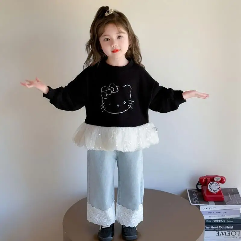 

Sanrio Hello Kitty пуловер джинсы комплект из двух предметов кружевные топы для девочек прямые брюки каваи аниме мультфильм модная новая повседневная одежда