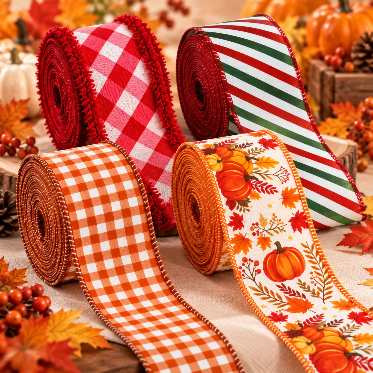 Fall Thanksgiving Ribbon Orange Buffalo Plaid Pumpkin Maple Leaf Ribbon for Halloween Christmas Wreath Gift Wrapping Craft Decor