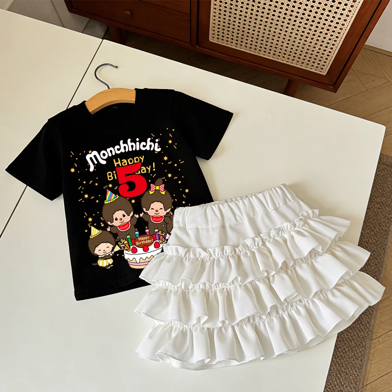 

New Monchhichi Girl Short Sleeved Pile Skirt Set Birthday Party T-shirt Skirt 2pcs Suit Cartoon Tees Children Kawaii Clothe Gift