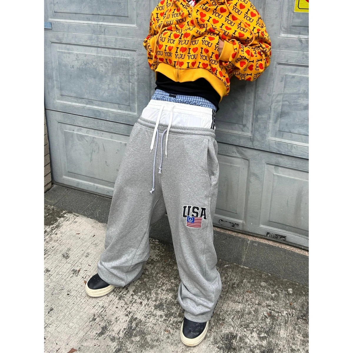 AilzLELProjecR25ss Unisex Wide Leg Sports Sweatpants Drawstring Fake Three Waist Casual Trousers Cotton Polyester Blend