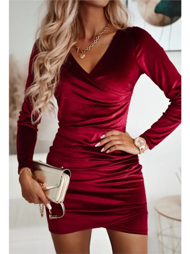 

Women Sexy V-neck Bodycon Mini Dress 2023 Fall/winter Split Sheath Solid Folds Dress Elegant Velvet Long Sleeve Party Dresses