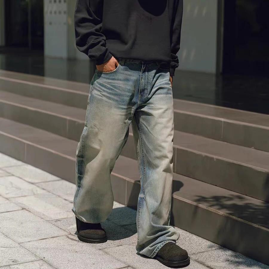 

Vintage Waed Loose Straight Leg A-Line Jeans Blue Heavyweight Men CleanFit Casual Wear mid Waist Zipper Closure Jeans