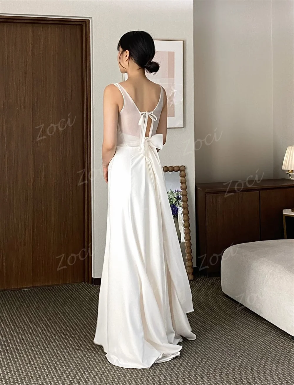 Zoci Illusion Scoop Korea Wedding Dresses Satin A Line Sheath Sleeveless Bride Dress Photos Shoot Customized Women Wedding Gown