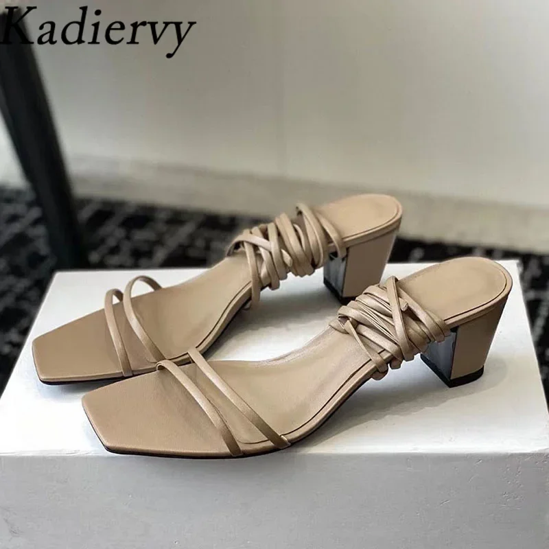 

Sexy Square Heels Sandals Woman Genuine Leather Narrow Band Summer Shoes Women High Heels Ankle Cross Tied Sandals For Women