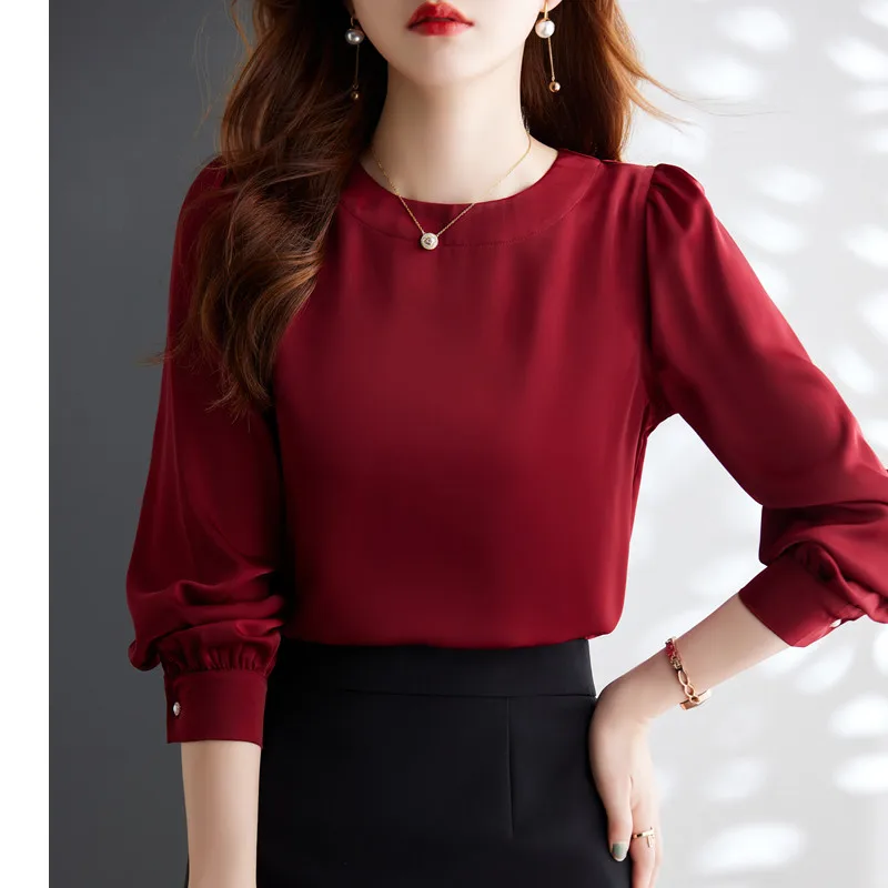 Green O Neck Shirt Women Formal New Spring Autumn Temperament High End Long Sleeve Satin Blouses Office Ladies Work Clothe Tops