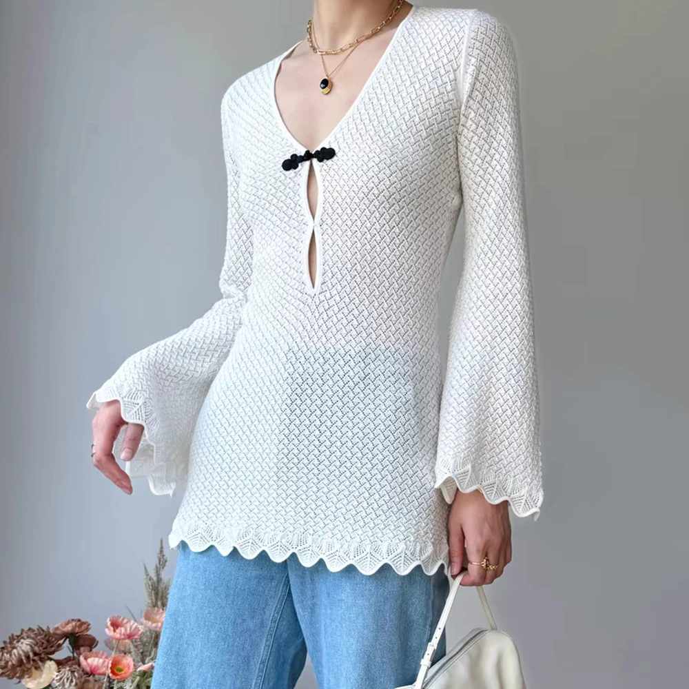 Bawełniana sukienka damska Y2k Chinese Plate Button Hollow Out Weaving Fashion Commuter V-Neck Flared Sleeve Knit Dress 2024 Summer