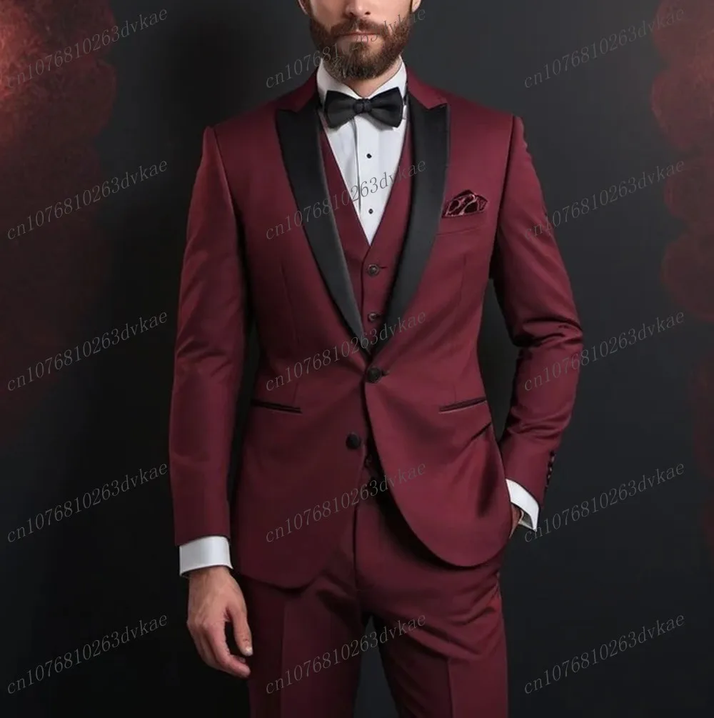 

Black Lapel Burgundy Formal Business Men Suit Groom Groomsman Wedding Party Prom Male Tuxedos 3 Piece Set Blazer Vest Pants