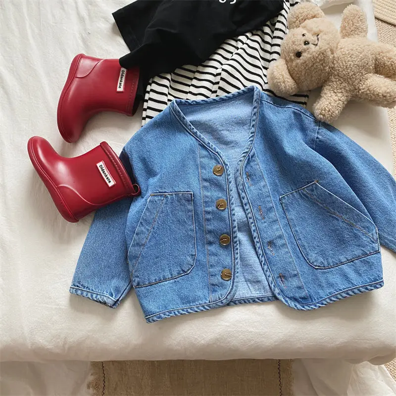 Kids Coats Spring New 2025 Korean Simple Style Long Sleeve Casual Fashion Cowboy Baggy