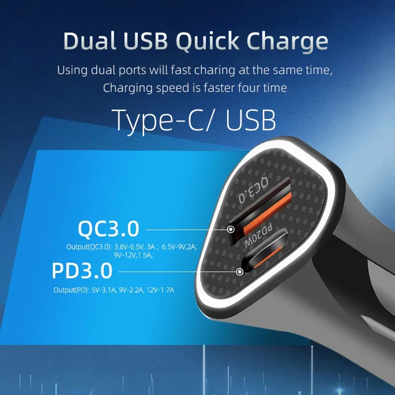 PD 20W USB Type-C Car Charger Dual interface Fast Charge QC3.0 AFC Maximum Power 38W For iPhone 13/12 Xiaomi Mobile Phone