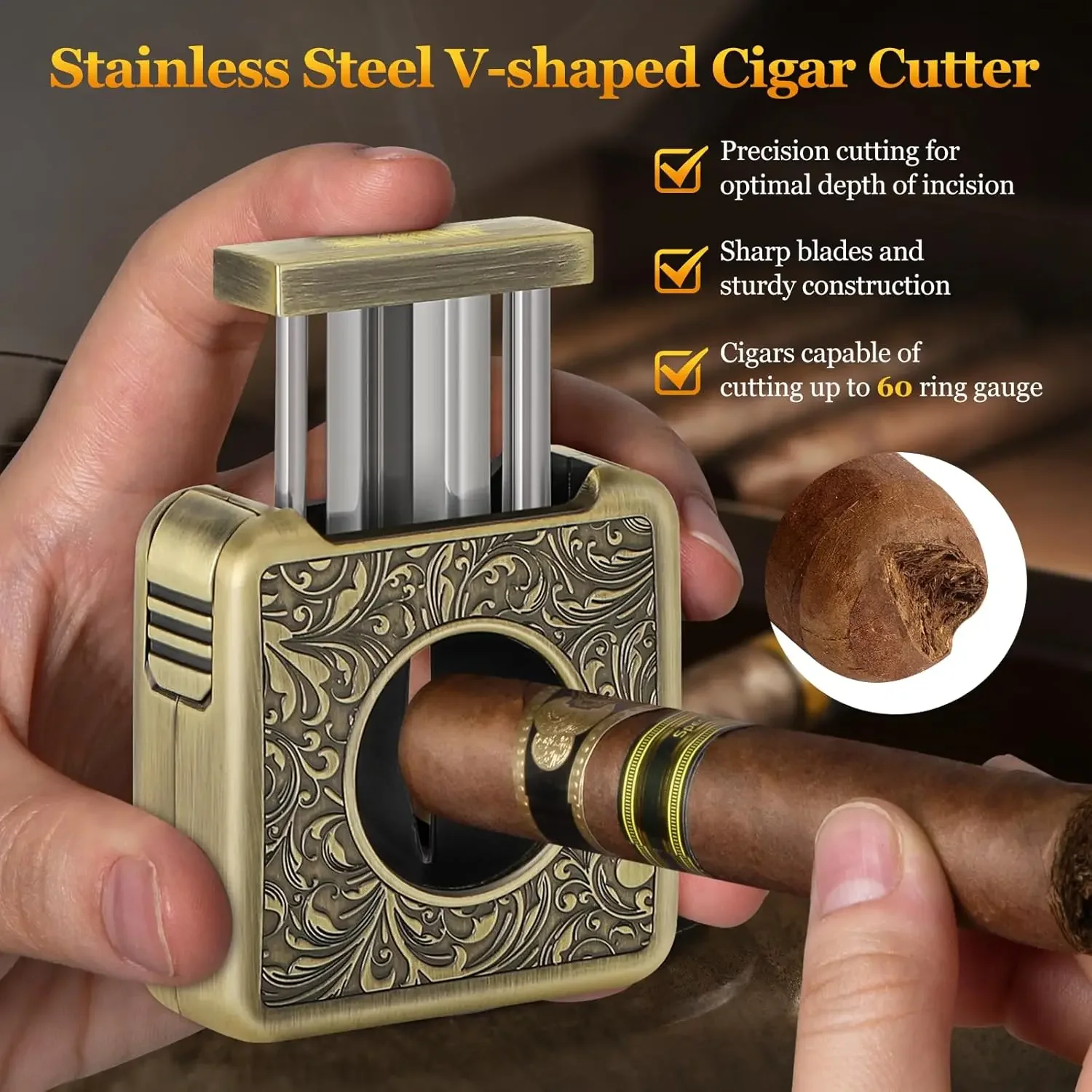 4-in-1 Cigar Cutter Multifunction V-Cut with Punch Holder Twin Nubber for Cigars up to 60 Ring Gauge