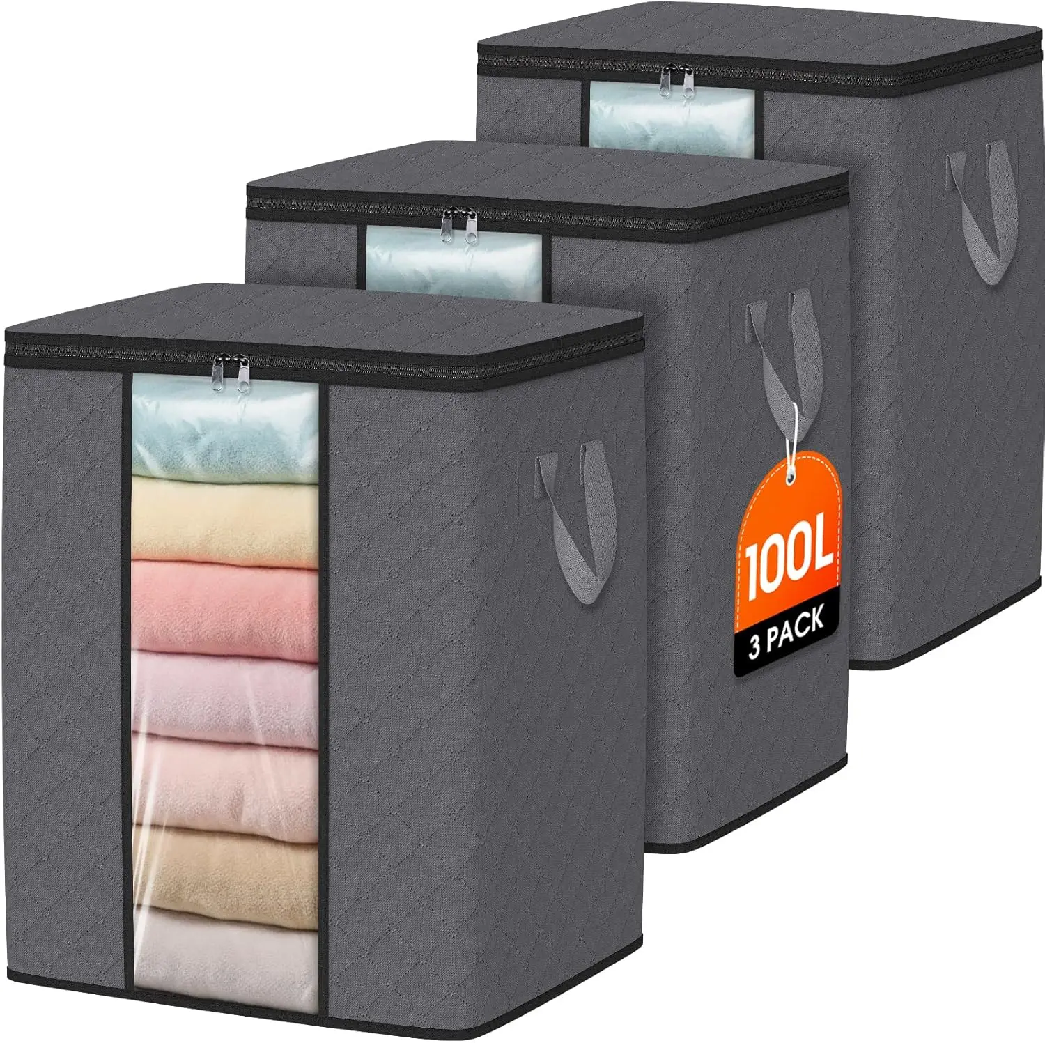 

3 Pack 100L Foldable Thick Fabric Blanket Storage Bags, Organize Bedroom Closet Clothing Comforter with Handle
