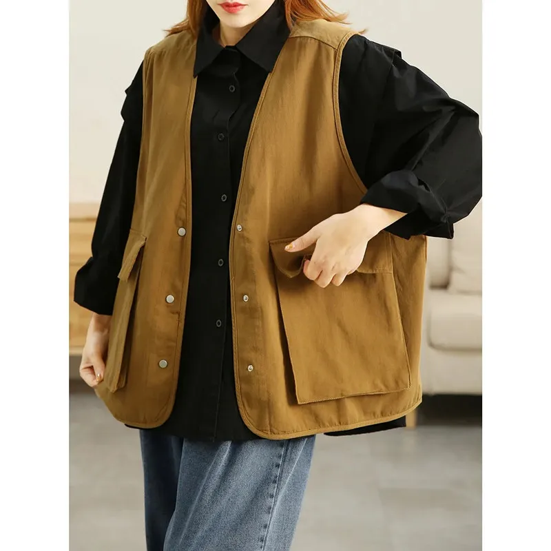 

New Cotton Vintage V-neck Women Vest Sleeveless Jacket Korean Fashion Female Casual Waistcoat Solid Loose Big pocket Coat Simple