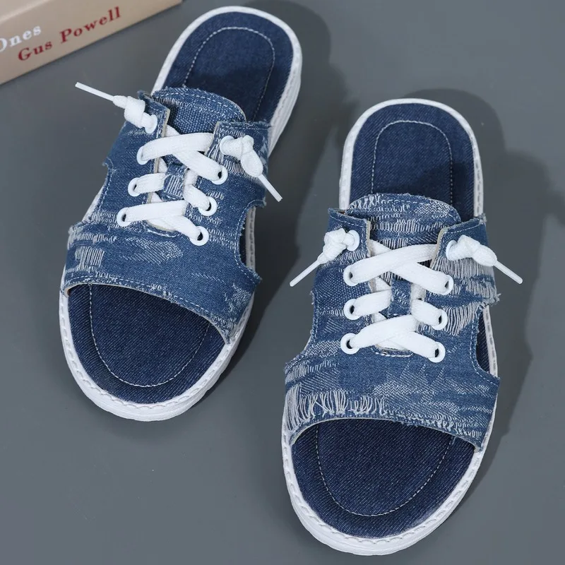 2024 Fashion Women\'s Canvas Sandals Light Breathable Summer Slippers Lace Up Open Toe Ladies Blue Denim Flat Shoes Zapatos Mujer