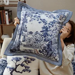 Blue and White Porcelain Floral Throw Pillow Covers, Vintage Chinese Pillowcase, Decorative Cushion for Couch, Bed Room, 45cm